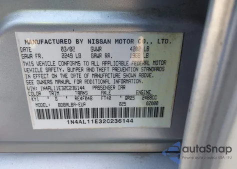 2002 Nissan Altima 2.5 S from USA, damaged, VIN 1N4AL11E32C236144